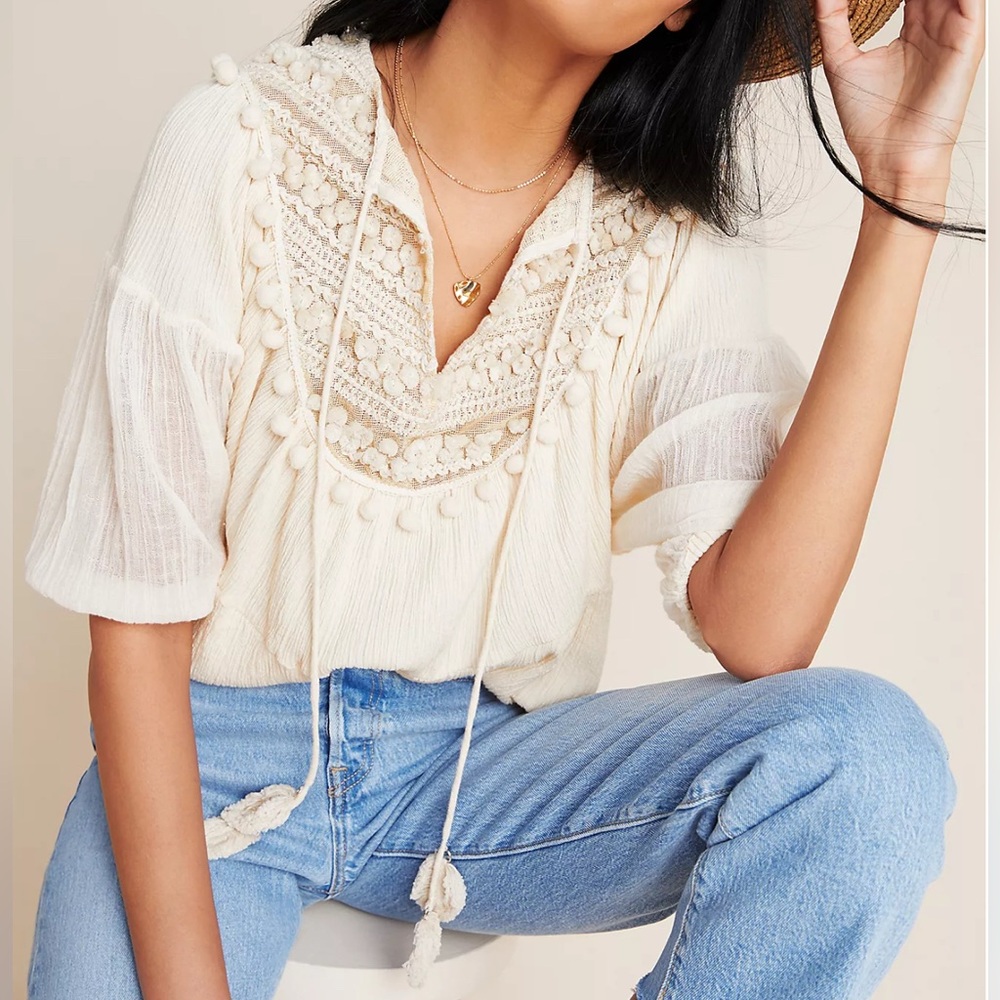 Mes Demoiselles Cream Crochet-Trim Peasant Blouse